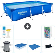 Piscina in Acciaio Rettangolare Pro - 300 x 201 x 66 cm - Blu - Inclusa Pompata Copertura - Copertura del Fondo - Mat Matto Solare - 7 pezzi