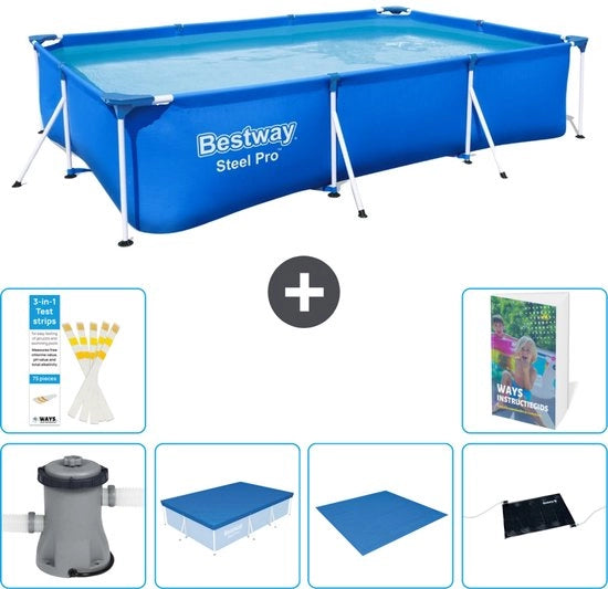 Piscina in Acciaio Rettangolare Pro - 300 x 201 x 66 cm - Blu - Inclusa Pompata Copertura - Copertura del Fondo - Mat Matto Solare - 7 pezzi