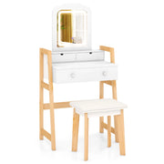 Tavolo da trucco con luci LED a 3 colori gambe in legno di pino e altezza regolabile, Set da toeletta con specchio illuminato Bianco-Tavoli da trucco