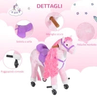Cavallo a Dondolo per Bambini 2+ Anni con 4 Rotelle, Suoni Realistici e Poggiapiedi, 65x28x75 cm, Rosa