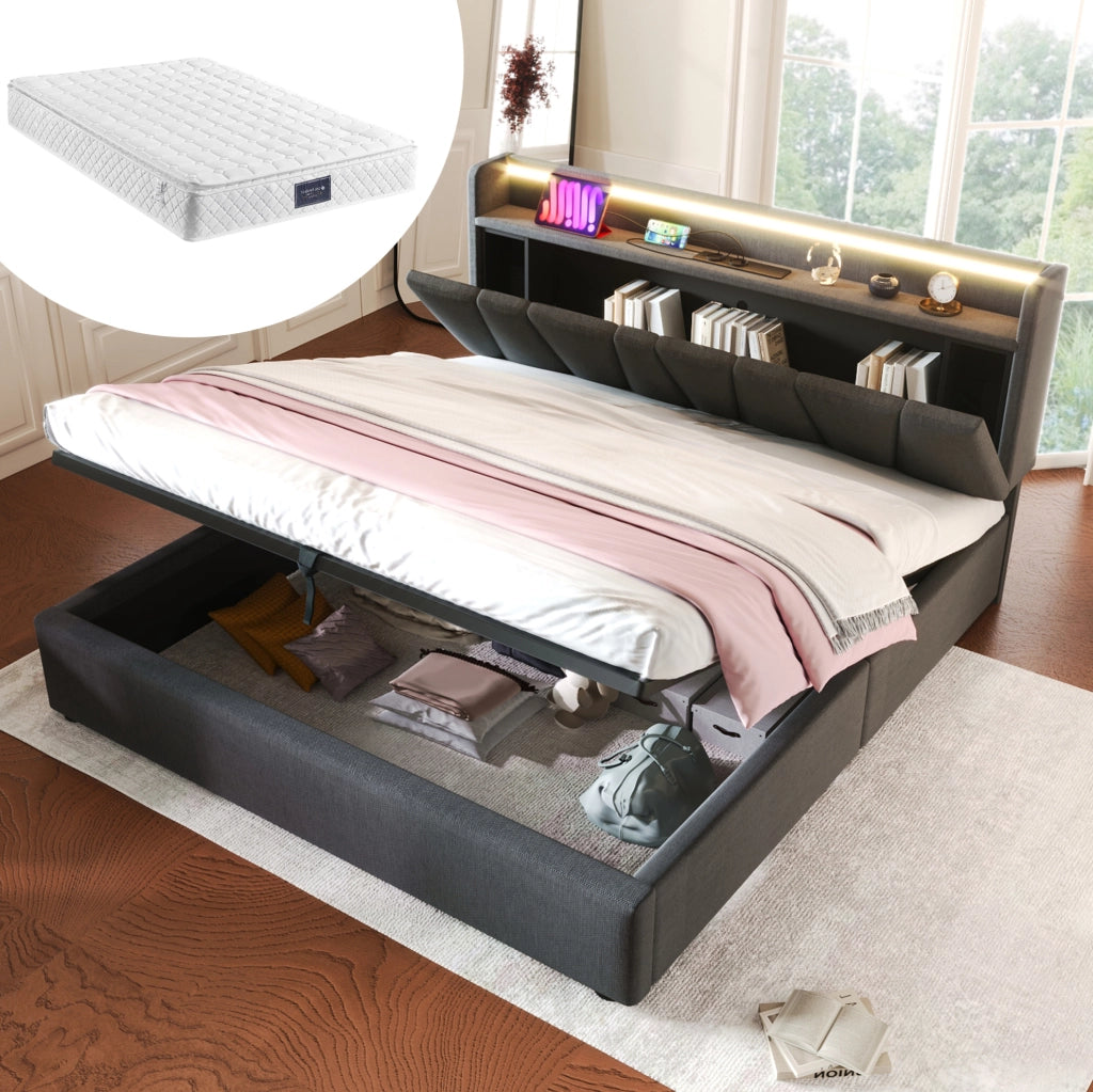 Polsterbett matrimoniale 160x200 cm con testiera contenitore; USB; LED RGBW e materasso; grigio
