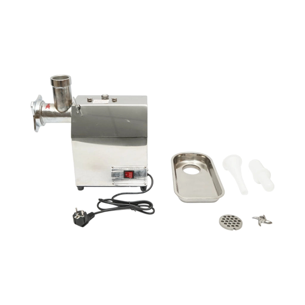 Tritacarne elettrico in acciaio inox 600W, 220V, capacità 100 kg/h, adattatore per salsicce, 2 setacci e 2 coltelli inclusi 340x185x365mm