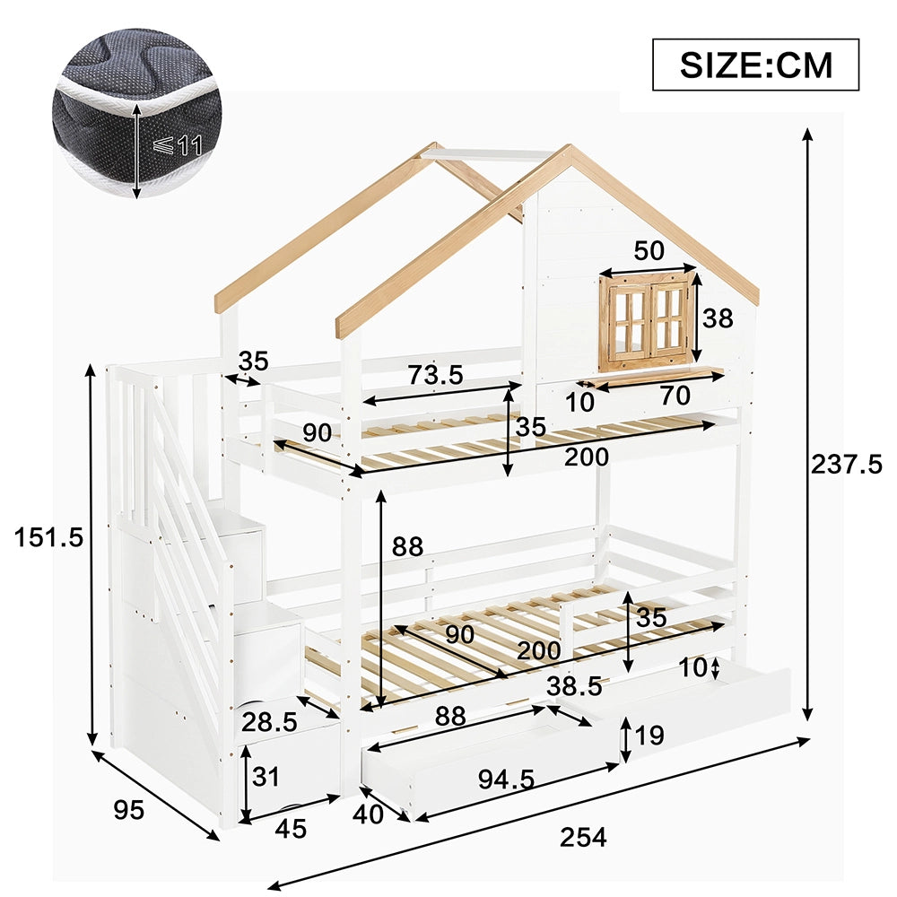 Letto a castello a casetta - Xylo - 90x200cm bianco/naturale, finestra