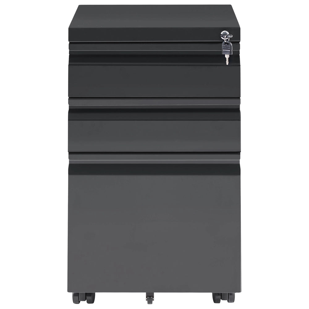 Mobile contenitore in acciaio nero a 3 cassetti con rotelle in plastica e serratura a chiave per ufficio moderno