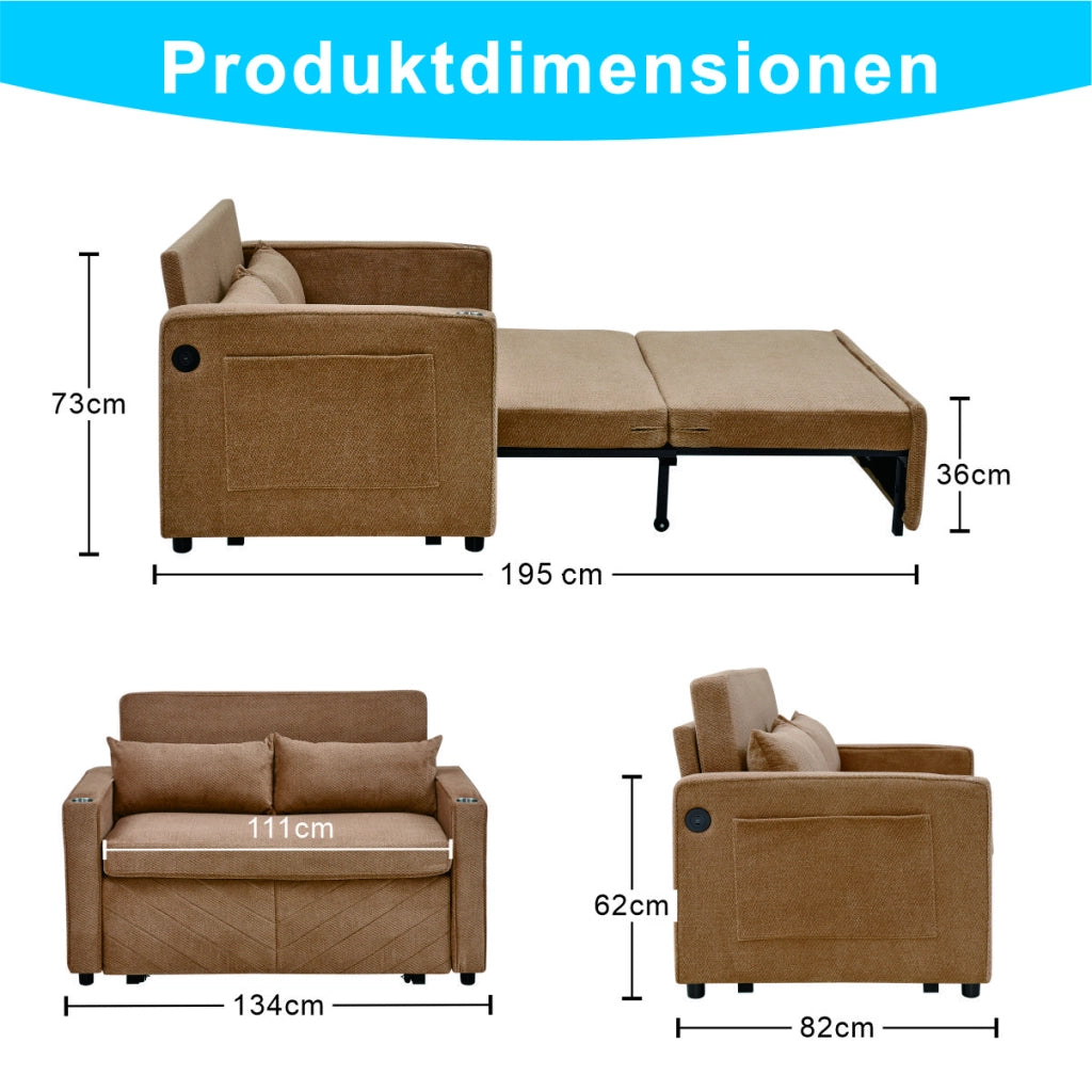Divano letto 3 in 1 con sistema scorrevole e porte USB per soggiorno ufficio e ospiti in legno e tessuto arancione