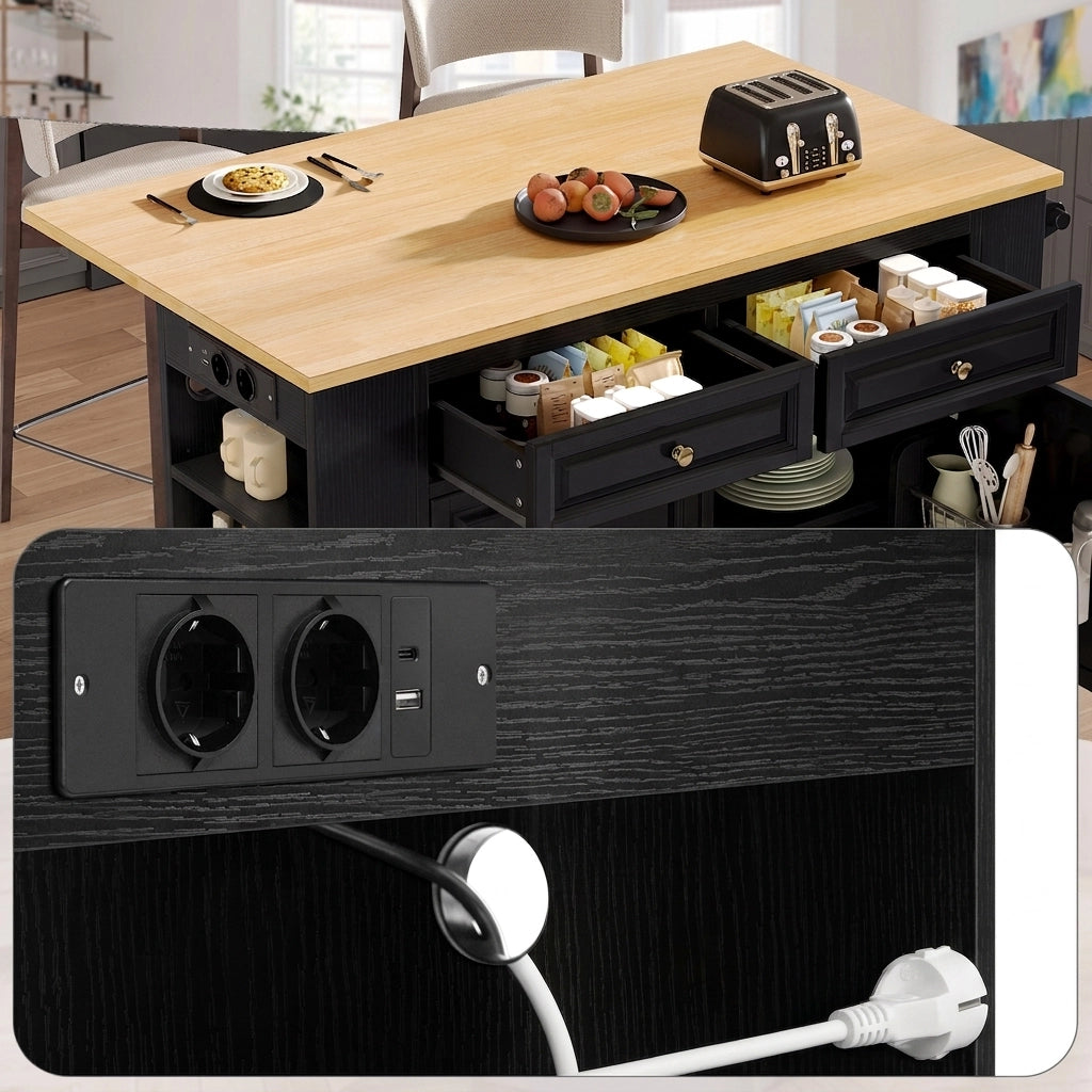 Isola Cucina Mobile Nera con Piano Estensibile 120 cm; Porta Rifiuti; Prese USB; Ruote e Ripiani Regolabili