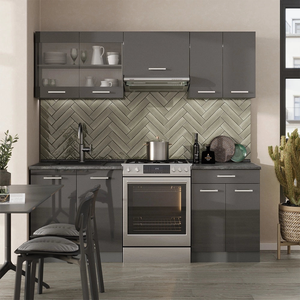 Cucina componibile R-Line Antracite lucido/Antracite 200 cm senza piano di lavoro Vicco