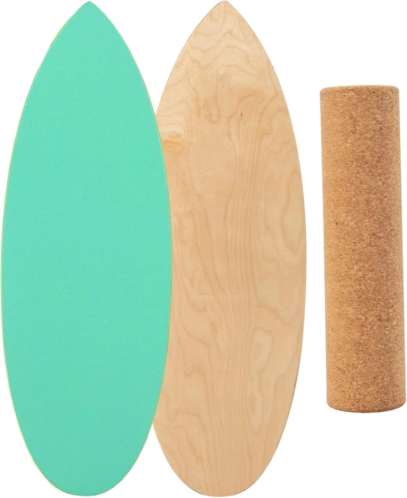 Balance Board in Legno, Tavola di Equilibrio con Rullo e Tappetino per Allenamento Skateboard Hockey Snowboard Surfing, per Esercizi Equilibrio e Tonificazione Core, Portata 227 kg (Verde)