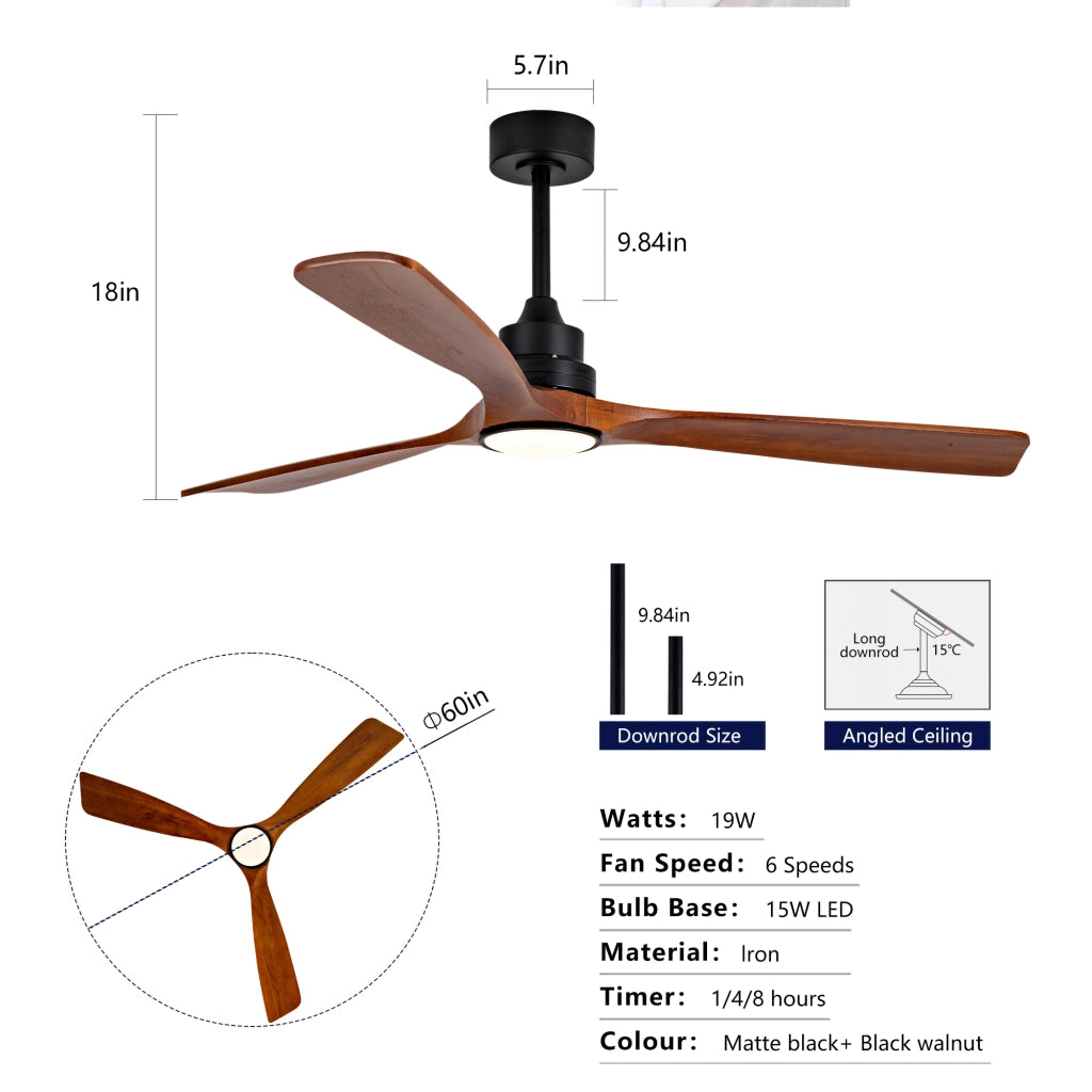 Ventilatore da soffitto 60 pollici con illuminazione e telecomando, 3CCT, regolatore 3 temperature, dimmerabile, 6 velocit¨¤, memoria, per ville