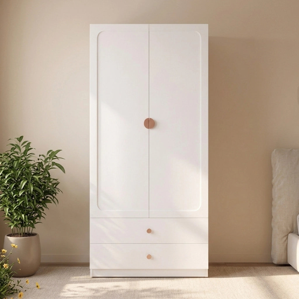 Armadio 90x45x200 cm con 2 cassetti e asta appendiabiti in legno MDF e acciaio bianco
