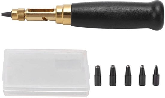 Set di punte a viti 6 pezzi - Punte sostituibili 1,5-4 mm - Manico in legno - Per lavorazione del cuoio - Cassetto di conservazione incluso - Punte a viti