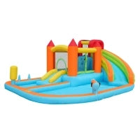 Castello gonfiabile multiuso con scivolo d'acqua, trampolino, canestro da basket e pistola ad acqua, 460x343x190 cm, Arancione