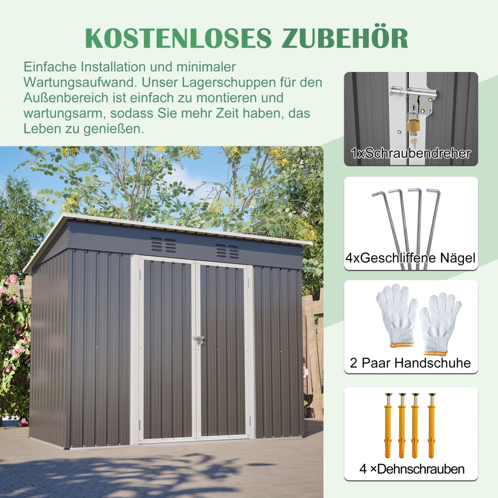 Casetta da giardino con porta con serratura e 2 griglie di aerazione in acciaio zincato grigio 242 × 126 × 182 cm