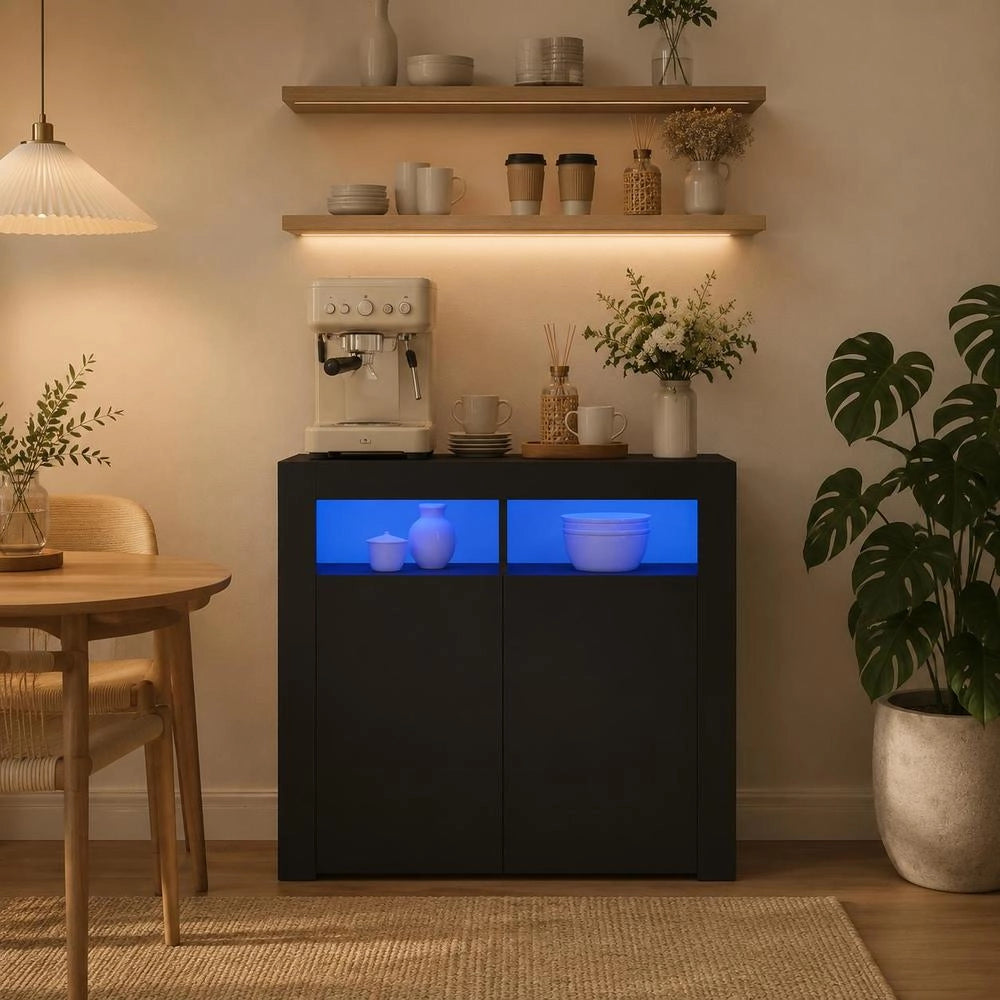 Sideboard With LED Lights, Black, 80x35x75 Cm