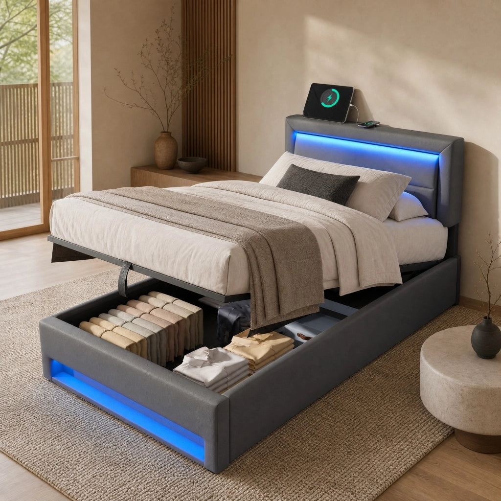 Letto imbottito con USB, LED e contenitore, 90 x 190 cm, grigio