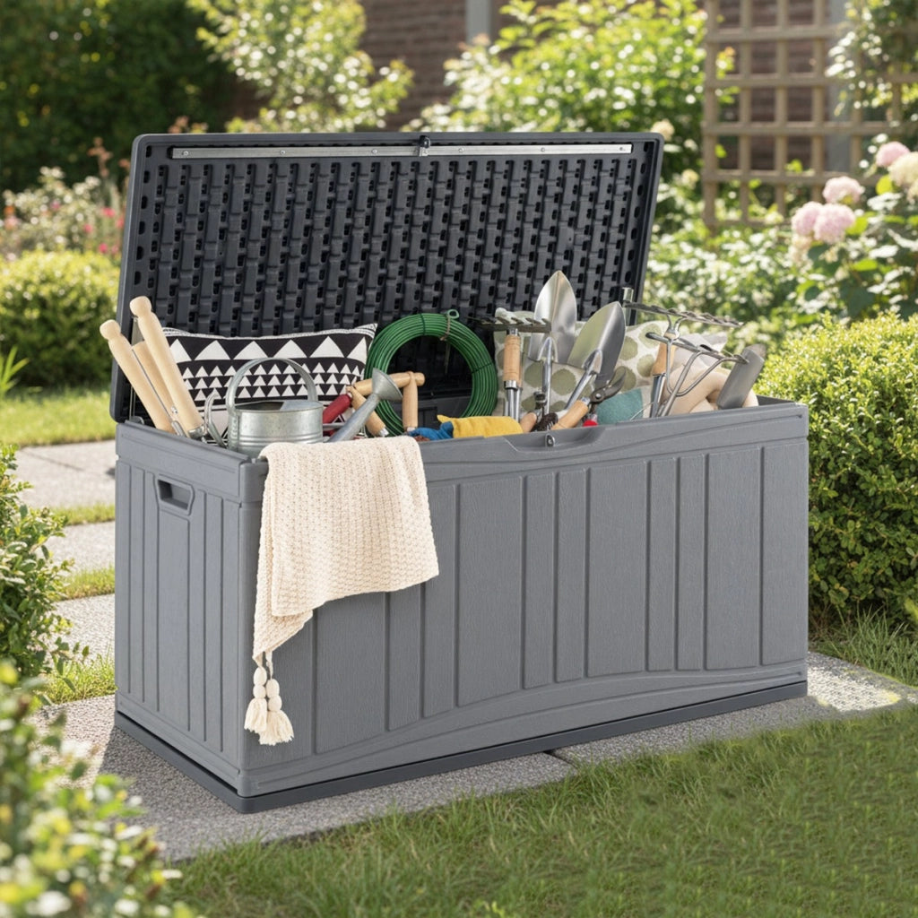 Cassa per patio 300 l contenitore in hdpe impermeabile, Cassa per patio contenitore per attrezzi da giardinaggio Grigio-Casette da giardino