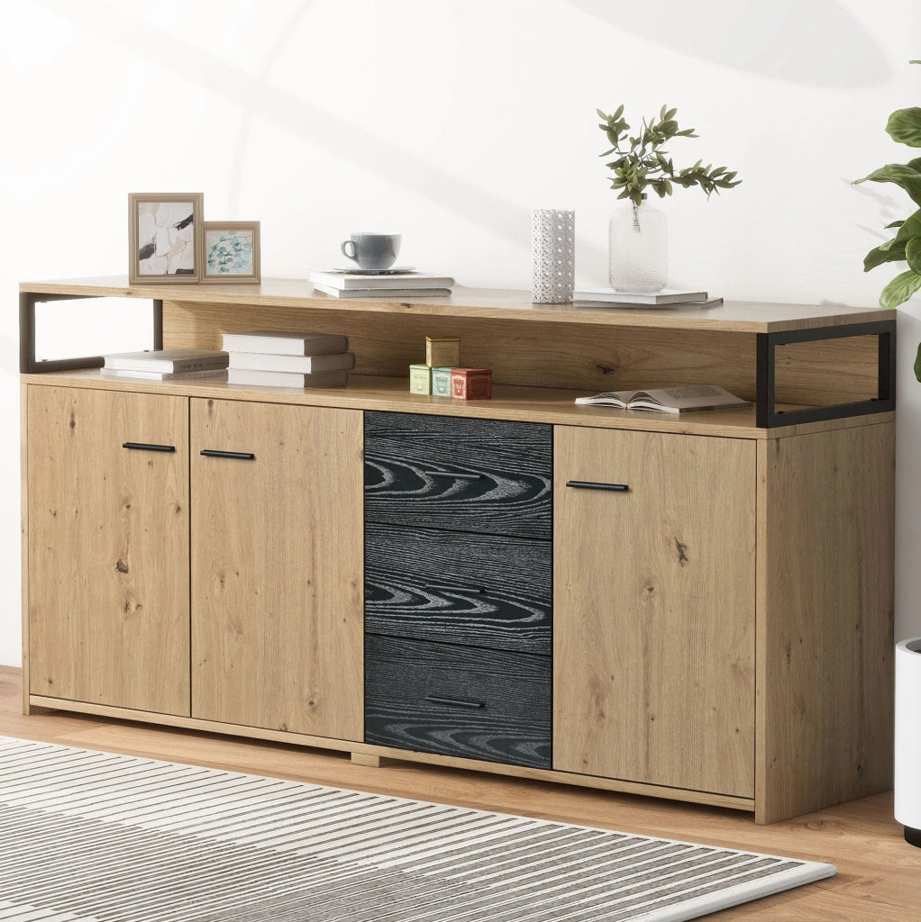 Credenza nera e legno con 3 ante e 3 cassetti