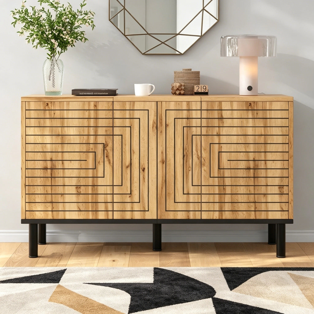 Credenza 120¡Á35¡Á68 cm con 3 ante push-open, motivo a onde, 6 vani, finitura effetto legno, portata fino a 50 kg