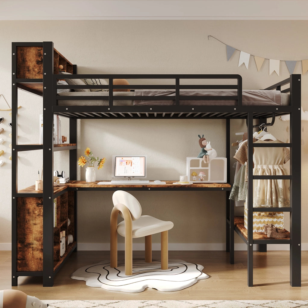 Letto a soppalco 90×200 cm nero con scrivania, appendiabiti e ripiani