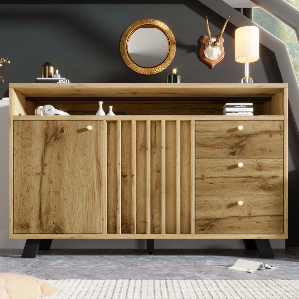 OKWISH Credenza Vintage con 2 Ante 3 Cassetti e Vano Aperto Ripiano Regolabile per Soggiorno Ingresso 120 x 40 x 85 cm