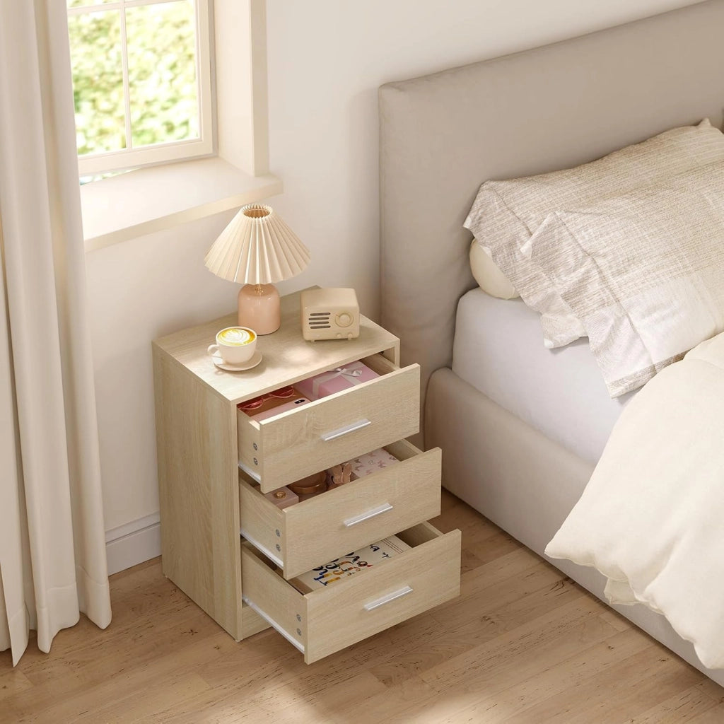 Set di 2 Comodini Moderni con 3 Cassetti, Grande Capacità, Tavolino da Letto per Camera da Letto, Soggiorno e Ufficio, 39x28x54cm, Rovere Chiaro, NTS26hei-2