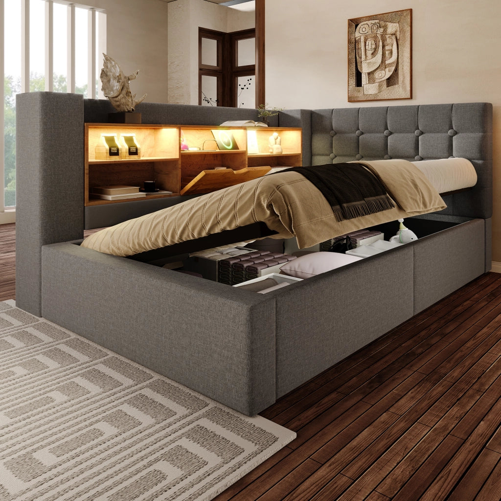 LETTO 90x200 cm con LED, testiera a L, lino grigio, 2 pacchi