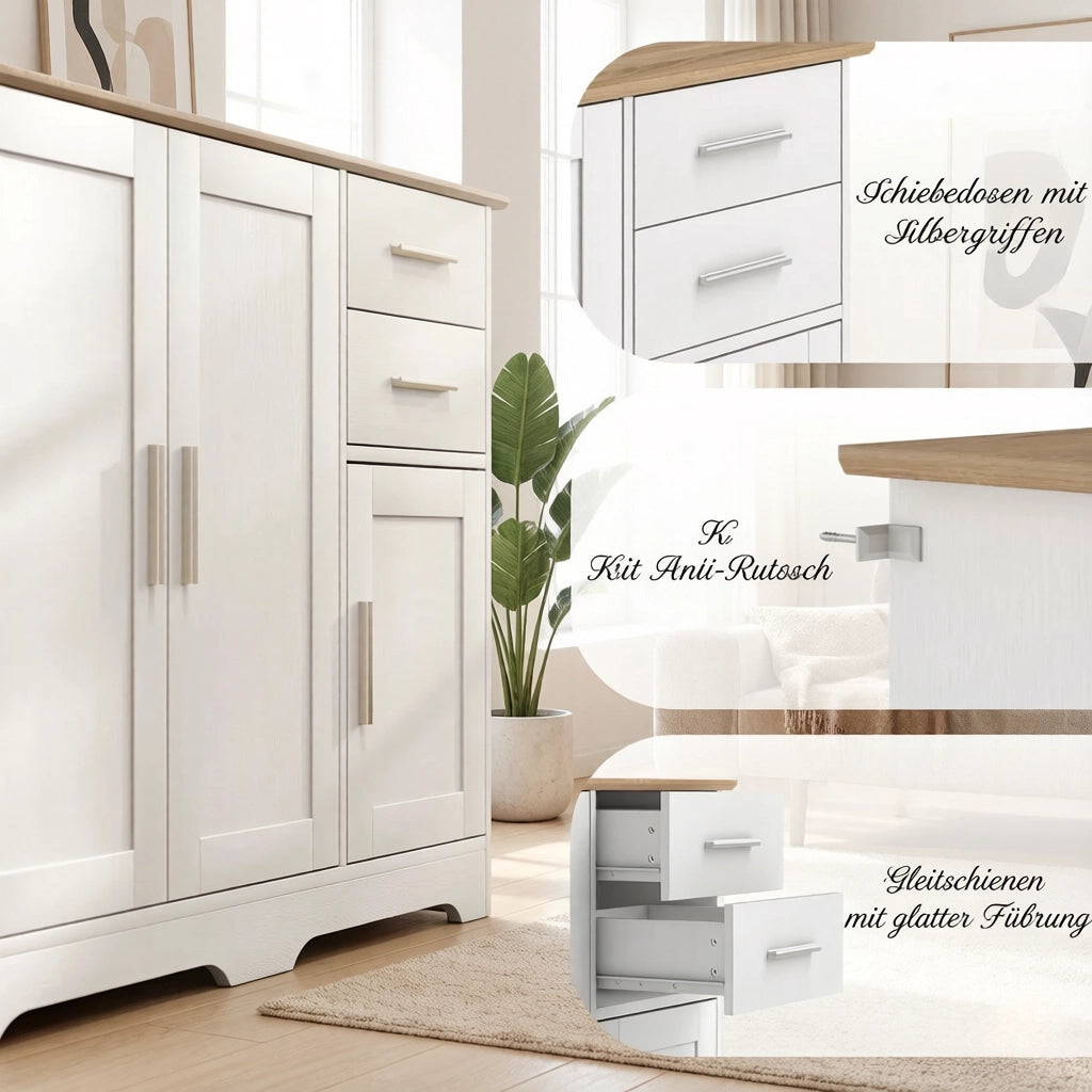 MADIA con 2 Cassetti e 2 Ante 100x40x78 cm Bianco Effetto Legno Naturale