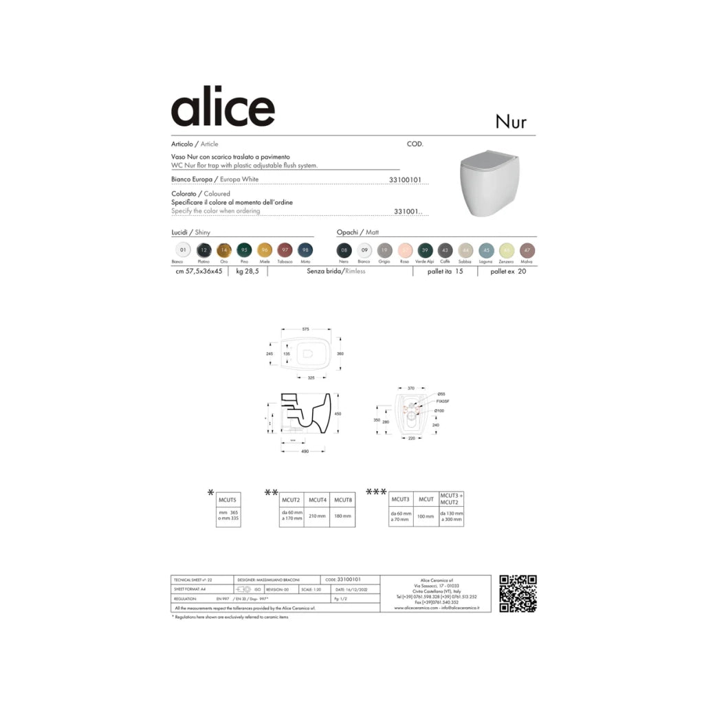 Coppia Di Sanitari Alice Ceramica Da Terra Filo Muro Senza Brida Bianco Lucido "Nur"