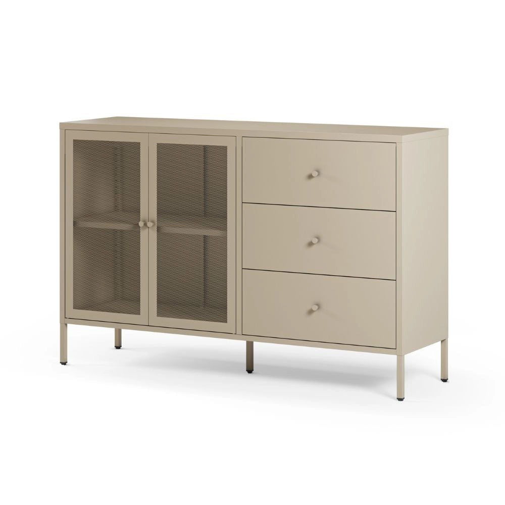Credenza Fayna in metallo sabbia con 2 ante e 3 cassetti 140x40x90H Design industriale