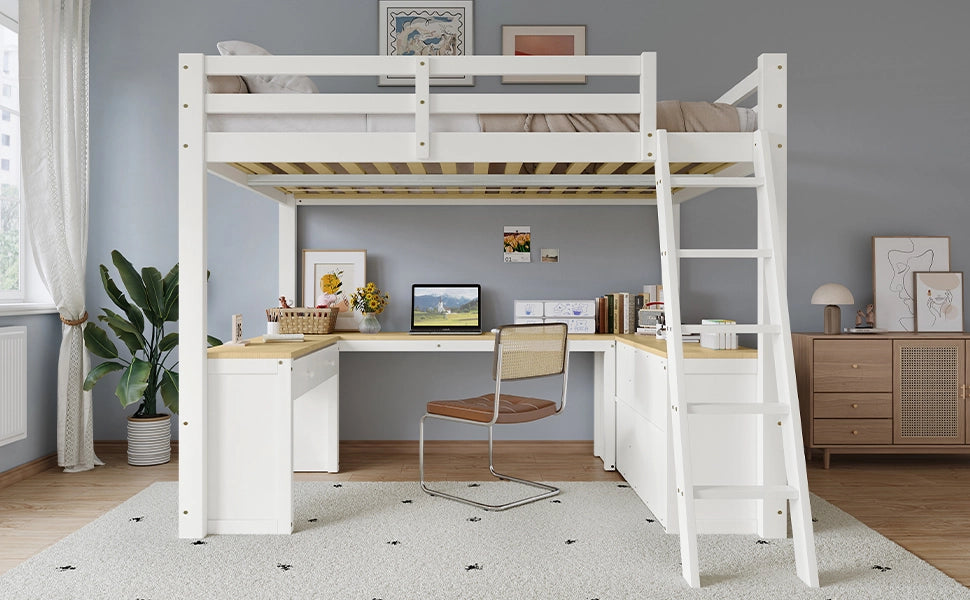 Letto a castello bambini bianco naturale con scrivania a forma di u e funzione contenitiva 140x200 cm