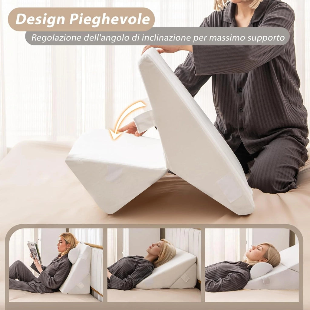 Set di 3 Cuscini a Cuneo per Letto, Cuscino Inclinabile Regolabile con Schiuma Memory Air, Set di Cuscini Alleviare il Dolore alla Schiena Collo e alle Gambe (Bianco)
