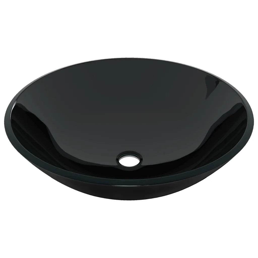 Lavandino Bagno con Rubinetto e Piletta in Vetro Temperato Nero 3098450