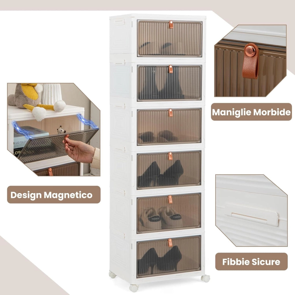 Scarpiera Pieghevole a 3/4/6 Piani, Mobile Multiuso Impilabile con Porte Trasparenti Magnetiche e Ruote Piroettanti Bloccabili, Contenitore con Coperchio per Cibi Giocattoli Abiti (6 Piani)
