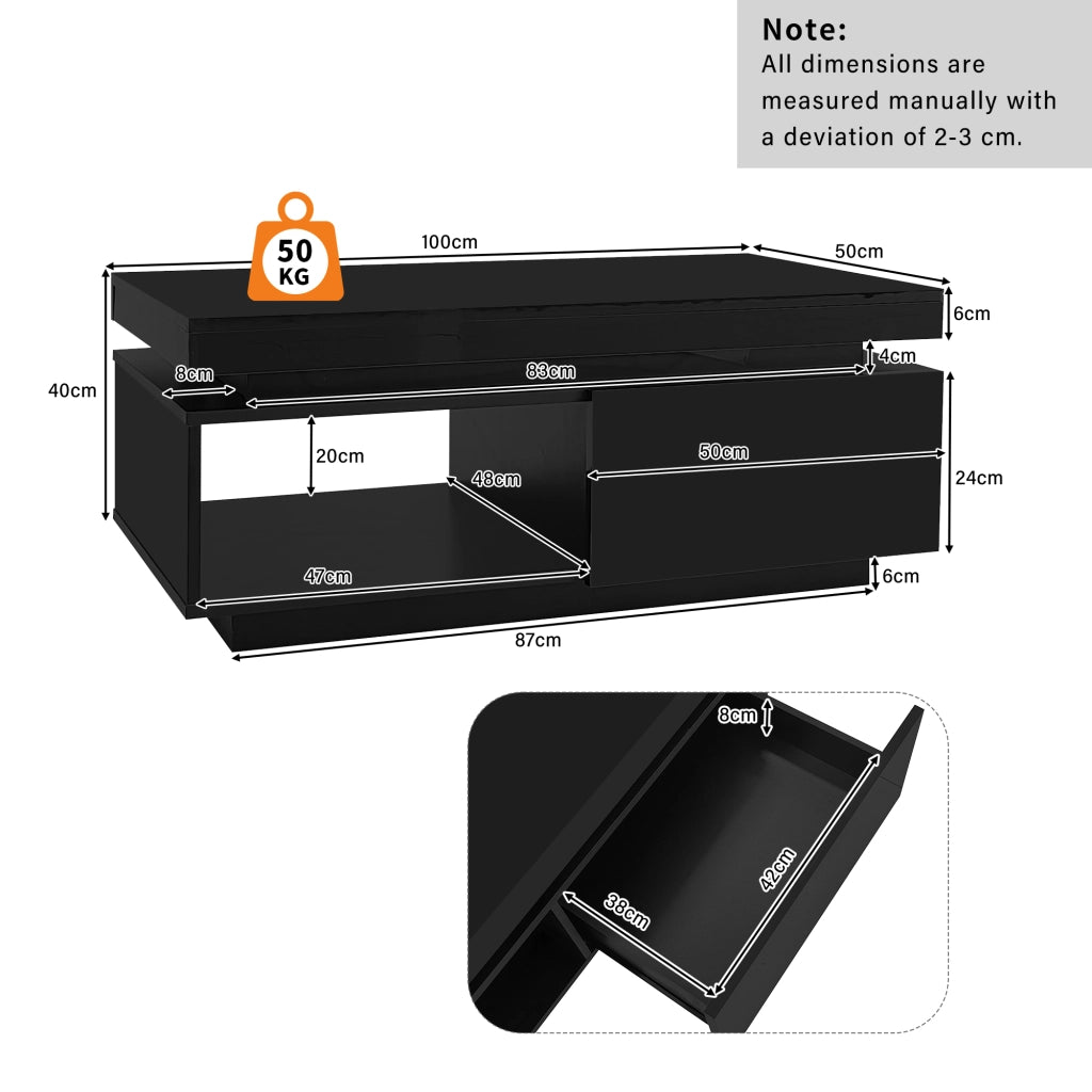 TAVOLINO DA CAFFÈ 100x50x40,3 cm Nero Lucido con LED e cassetto