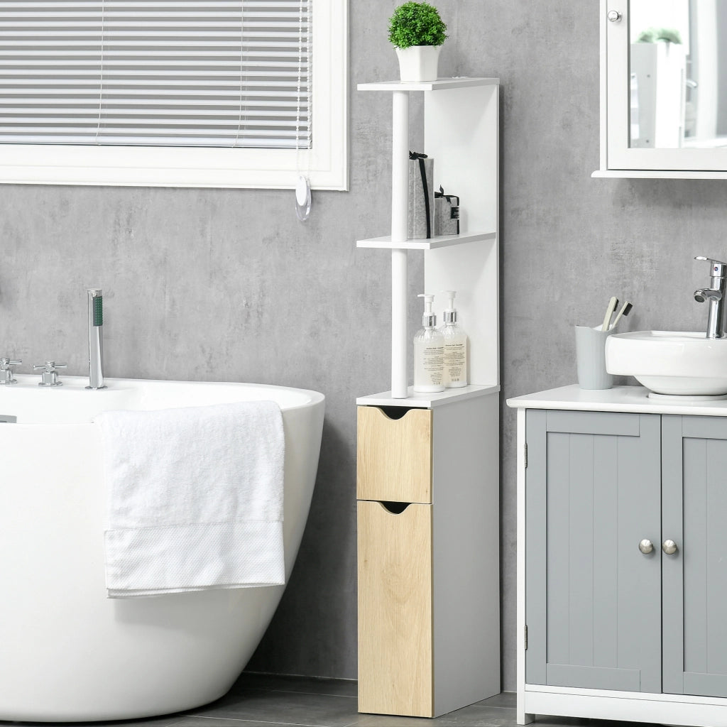 Colonna Bagno con 2 Ripiani e 2 Armadietti ¨C Zephmum ¨C Bianco e Legno 15.2x29.8x118 cm