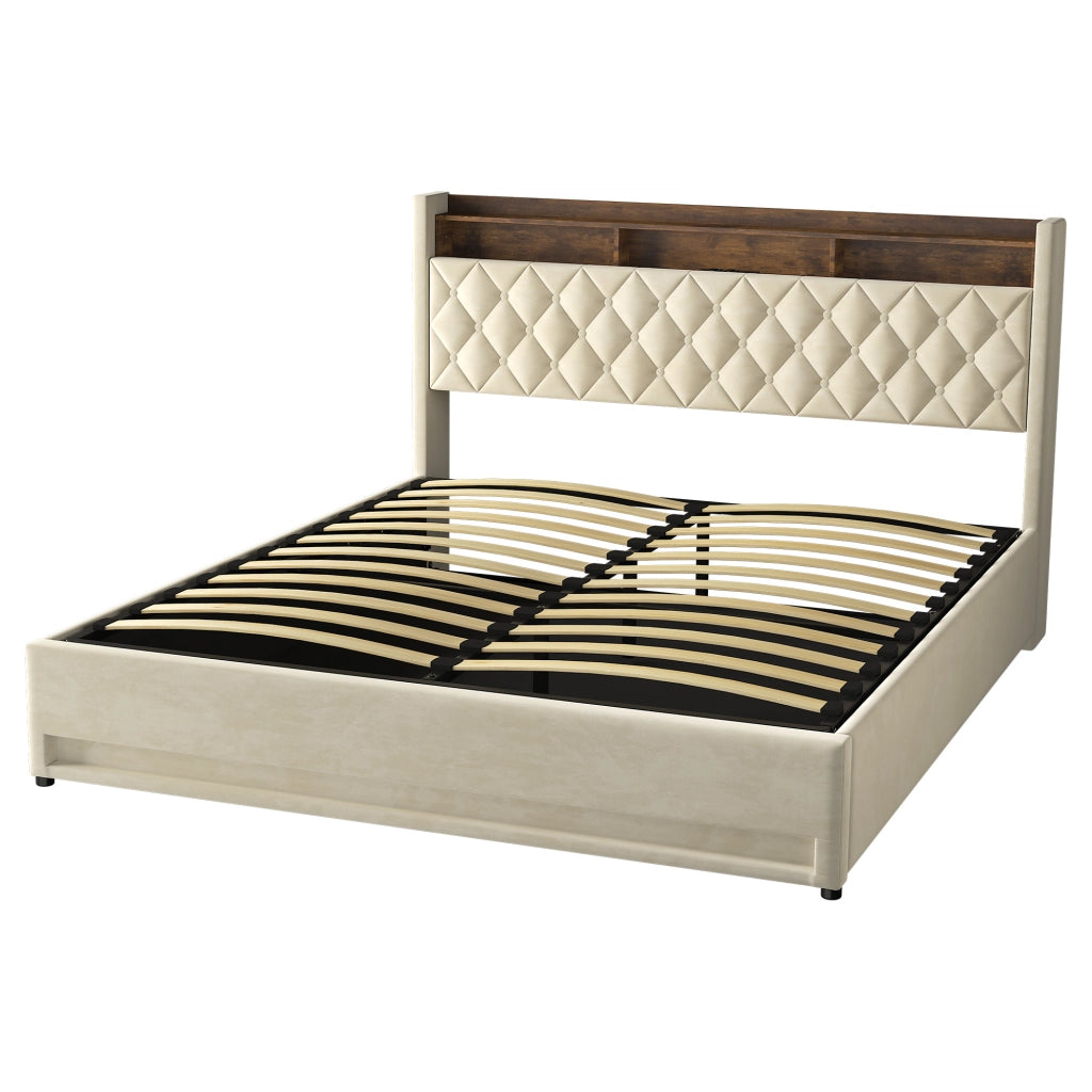 Letto imbottito beige 180x200 cm in velluto con schiuma elastica e struttura ergonomica