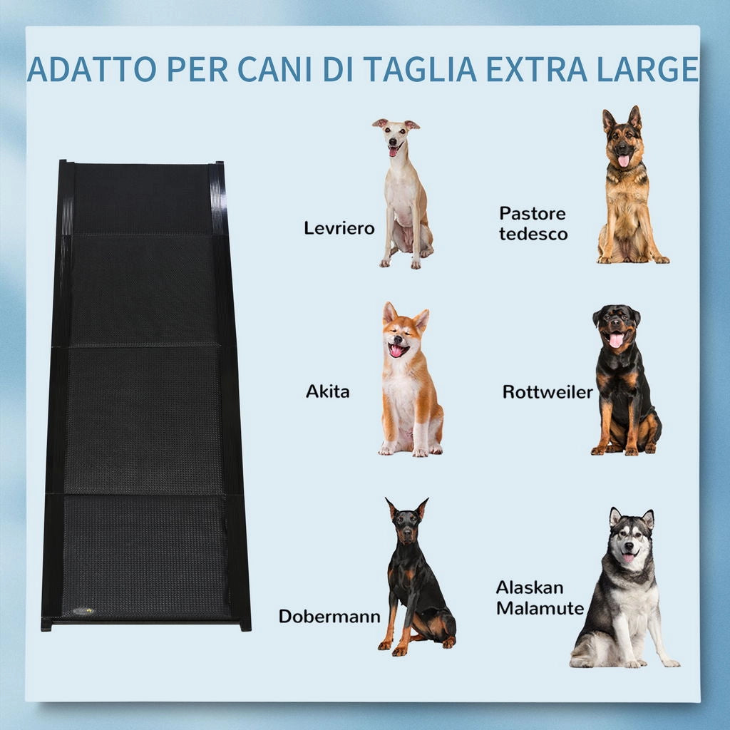 RAMPA PER CANI PIEGHEVOLE CON SUPERFICIE ANTISCIVOLO IN MDF E ALLUMINIO, 158X43.5X2.5 CM, NERO