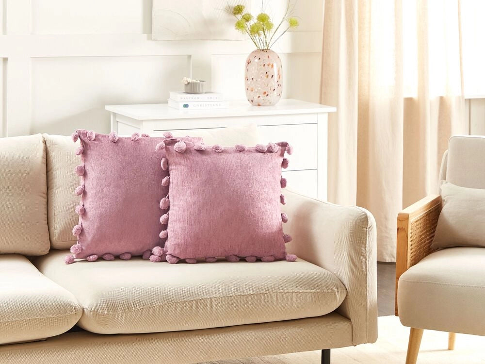 Set di 2 cuscini in cotone ricamati con motivo semplice rosa 60 x 60 cm morbida imbottitura