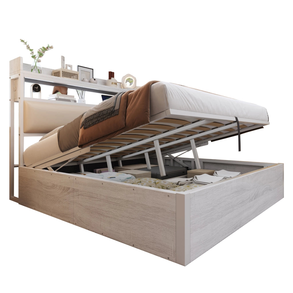 Letto Contenitore 180x200 cm; Matrimoniale - USB; Testiera con ripiano; Bianco