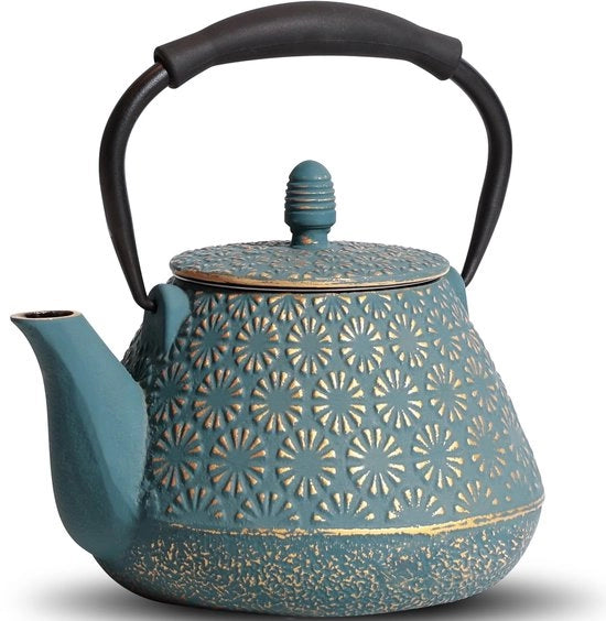 Teiera a fiamma con infusore per tè in foglie singole - interno in ceramica - manico in silicone - 950ml - sicuro per la cucina - blu