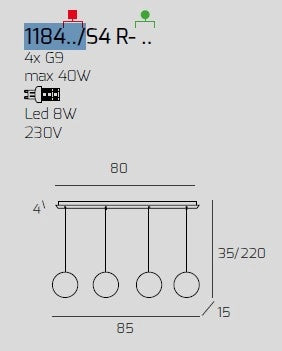 SOSPENSIONE OTTONE SATINATO 4 LUCI RETTANGOLARE VETRI 2X TR + 2X BF 1184OS-S4 R-BT