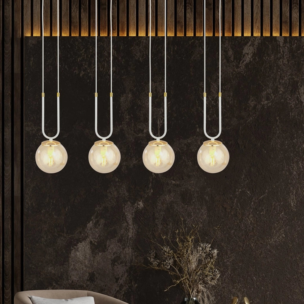 Lampada a sospensione GLAM in acciaio bianco e vetro ambra