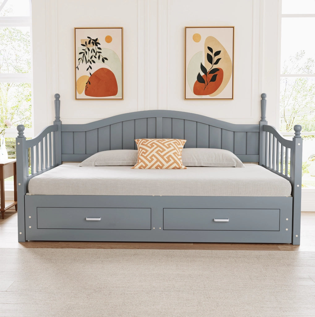 Divano letto estraibile 90/180x190 cm con 2 cassetti; legno di pino grigio