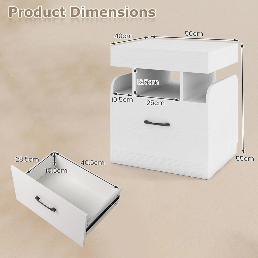 Comodino con Stazione di Ricarica, Comodino Moderno con 2 Cassetti Portaoggetti e 3 Scomparti Aperti, Piccolo Tavolino da Salotto, Camera da Letto e Dormitorio, Nero/Bianco (Bianco)