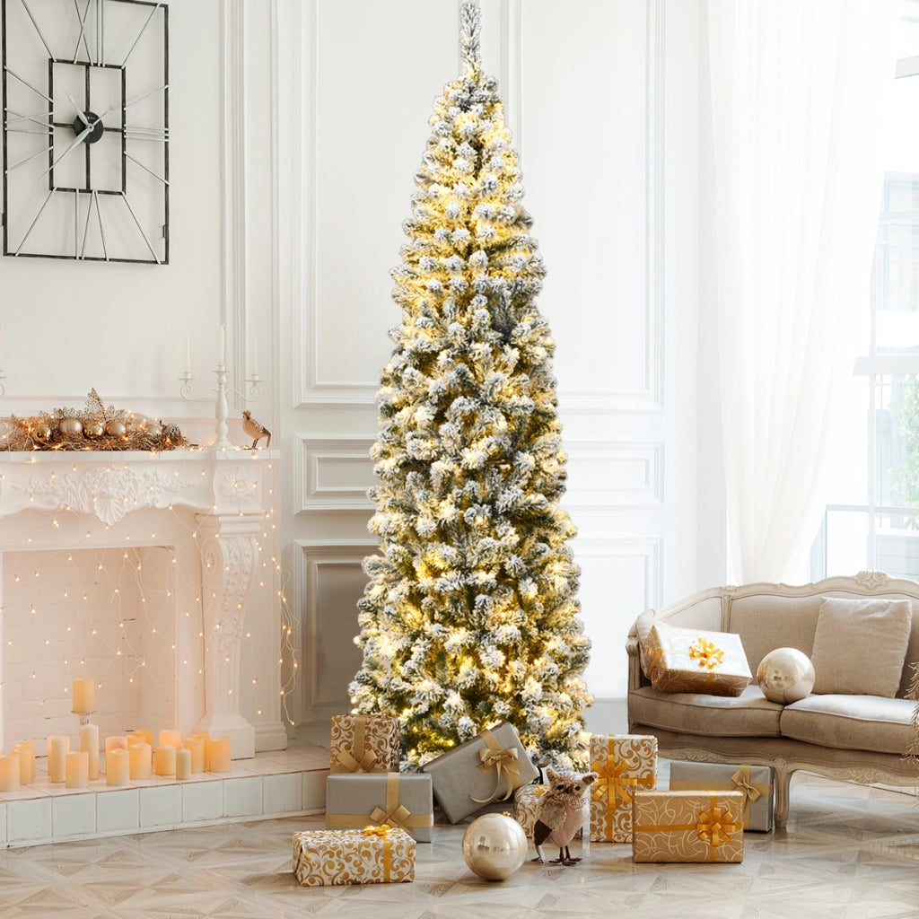 Albero artificiale di Natale  225cm con aghi in PVC base pieghevole di metallo, Abete innevato illuminato con luci LED-Alberi di Natale