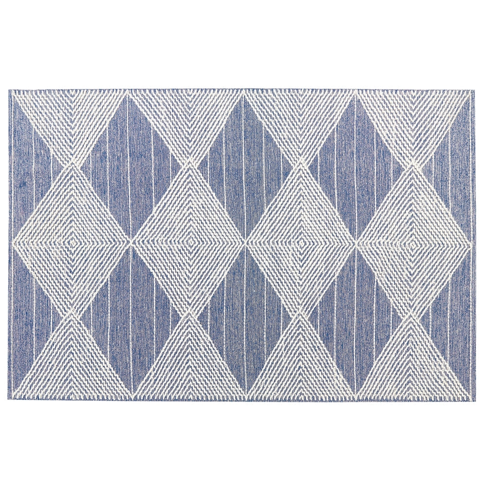 Tappeto in lana beige chiaro e blu poliestere 160 x 230 cm intrecciato a mano motivo geometrico boho soggiorno camera da letto