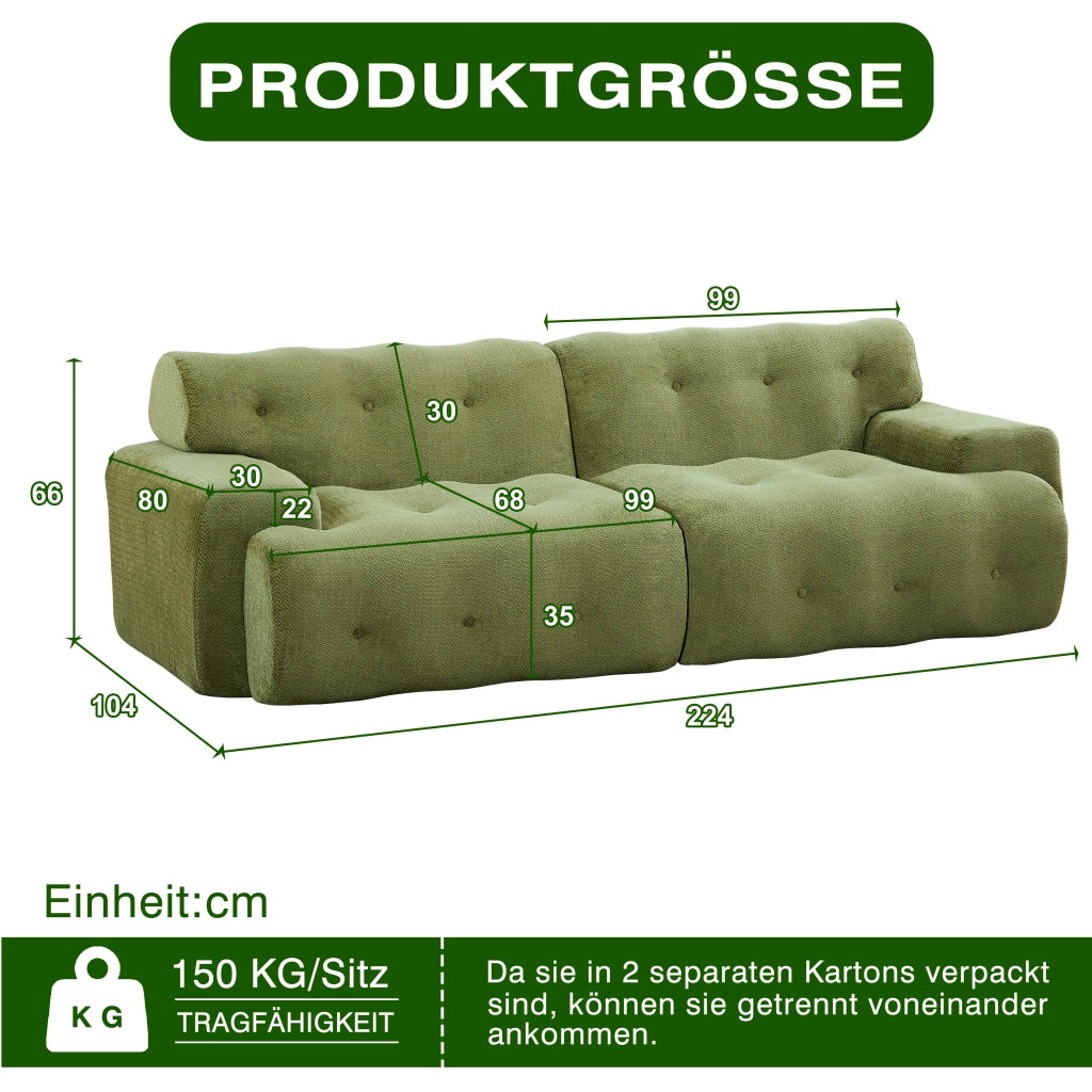 Divano a due posti modulare in ciniglia con braccioli ampi design ergonomico senza montaggio verde 224 × 104 × 66 cm