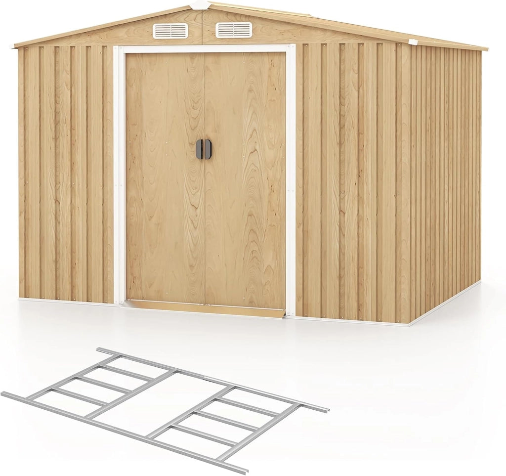 Casetta da Esterno 4,47㎡, Capanno Porta Attrezzi con Porte Scorrevoli, Maniglie, Sfoghi e Tettoia, Casetta da Giardino in Lamiera di Acciaio e Lamiera Zincata (259 x 196 x 184 cm)
