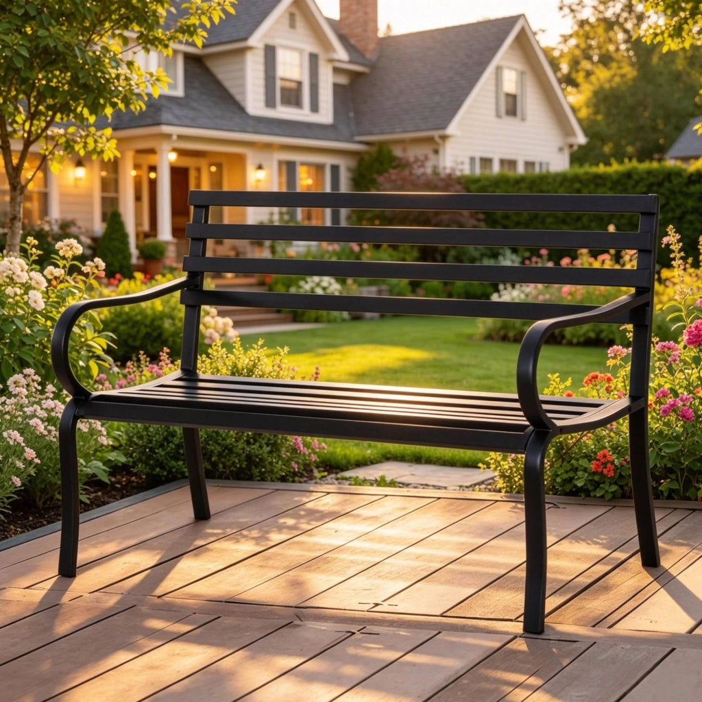 Panca da giardino in metallo nero 127x58x82 cm; 2 posti con braccioli