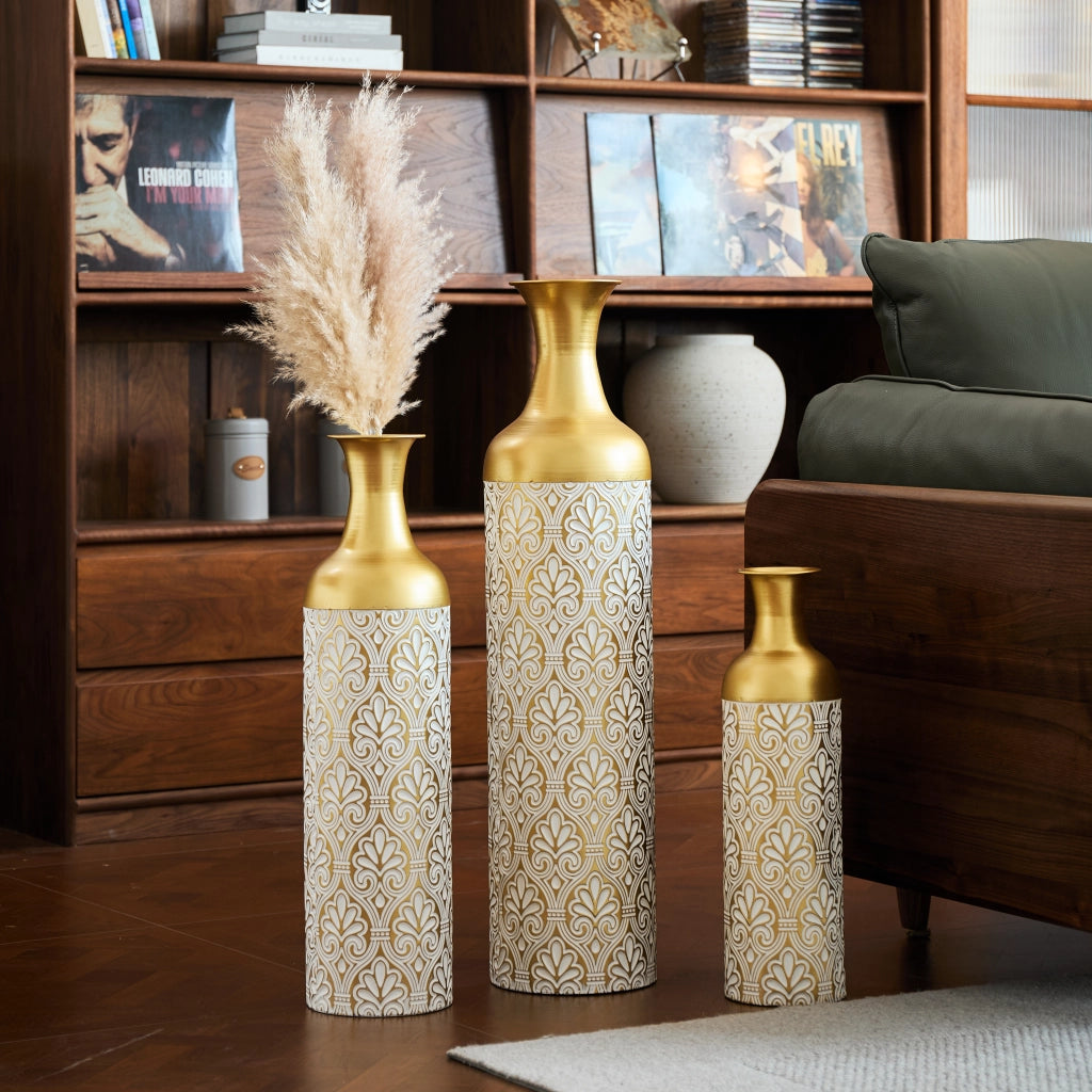 VASO DA TERRA Set da 3 pezzi 50/66/83 cm Metallo Oro/Bianco